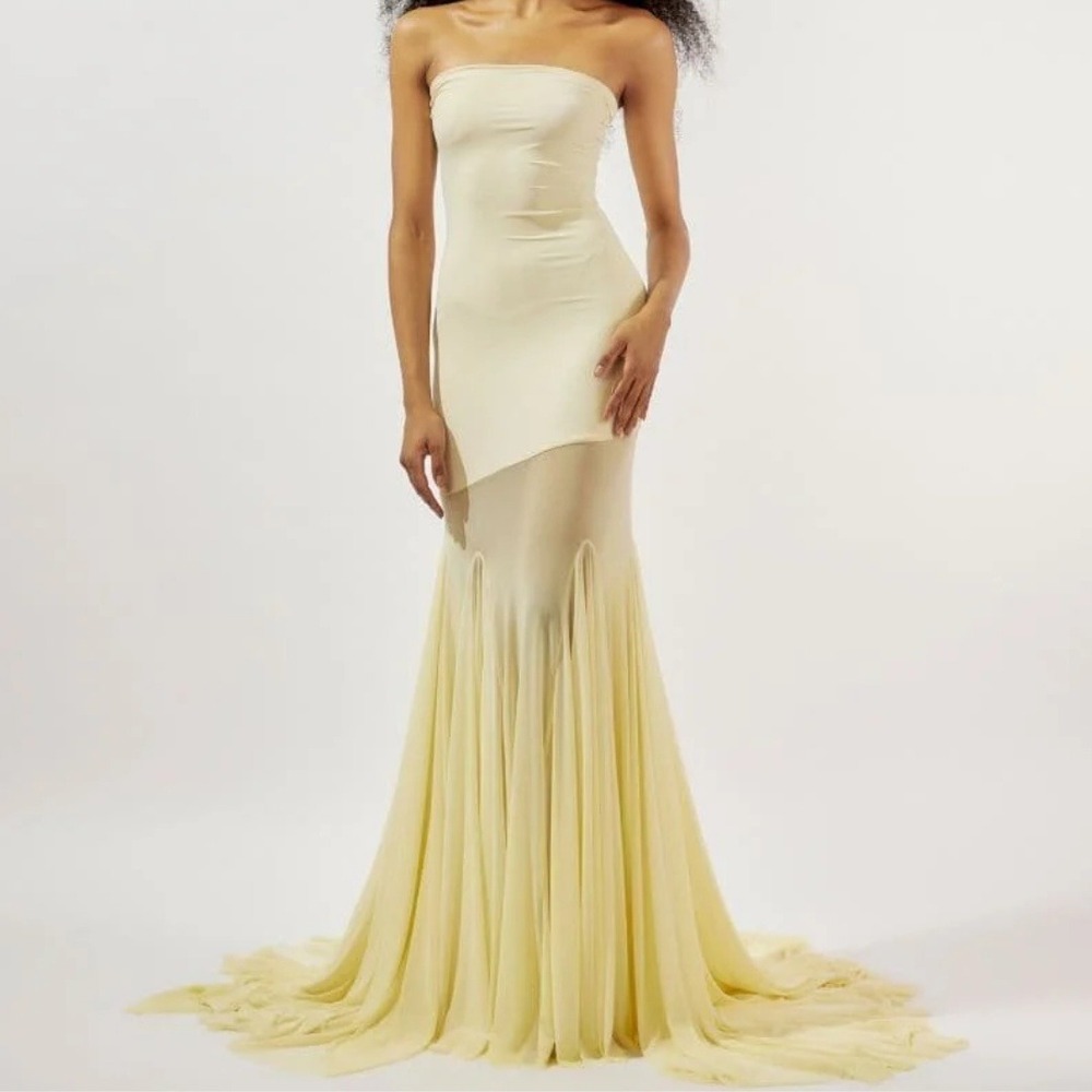 Deme By Gabriella‎ Dahlia Butter Yellow Strapless Mesh Ruffle Maxi Dress Size M